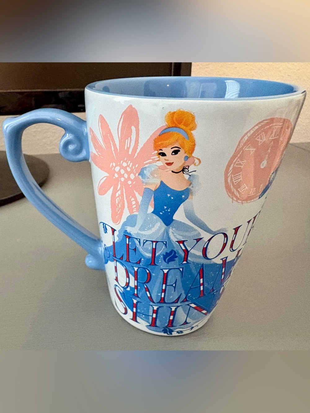 Disney Store Cinderella "Let Your Dreams Shine" Blue Handle Ceramic Mug 16 Oz
